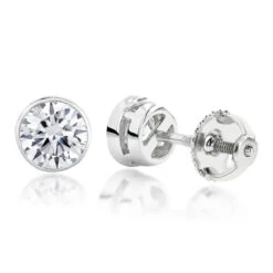 One Carat 18K White Gold Solitaire Round Diamond Bezel Stud Earrings