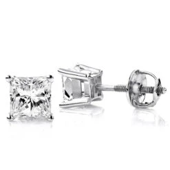 One Carat Platinum Solitaire Princess Cut Diamond Stud Earrings