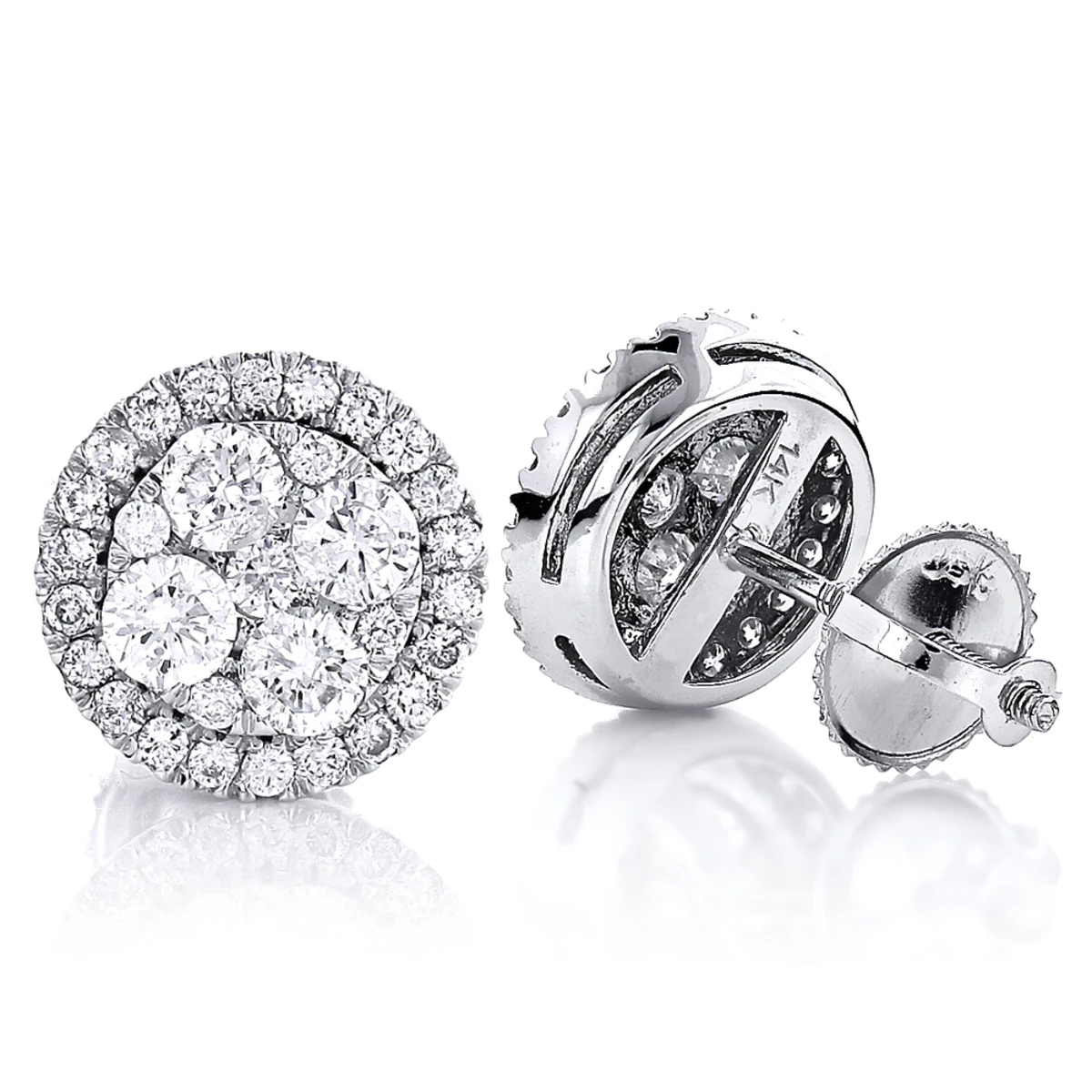 Pave Diamond Stud Cluster Earrings 1.46ct 14K White Gold 3 Pave Diamond Stud Cluster Earrings 1.46ct 14K White Gold