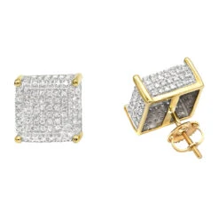 1 Carat Pave Diamond Stud Earrings 10K Yellow Gold Cube Shape