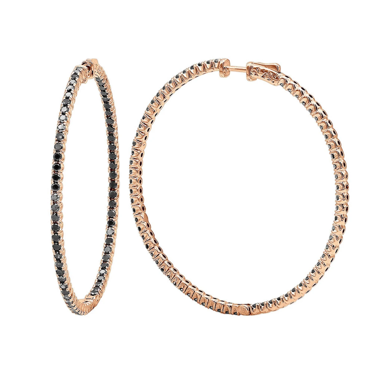 Real 3 Carat Black Diamond 2 Inch Hoop Earrings Inside Out Design 14K White Gold 5 Real 3 Carat Black Diamond 2 Inch Hoop Earrings Inside Out Design 14K White Gold - Image 3