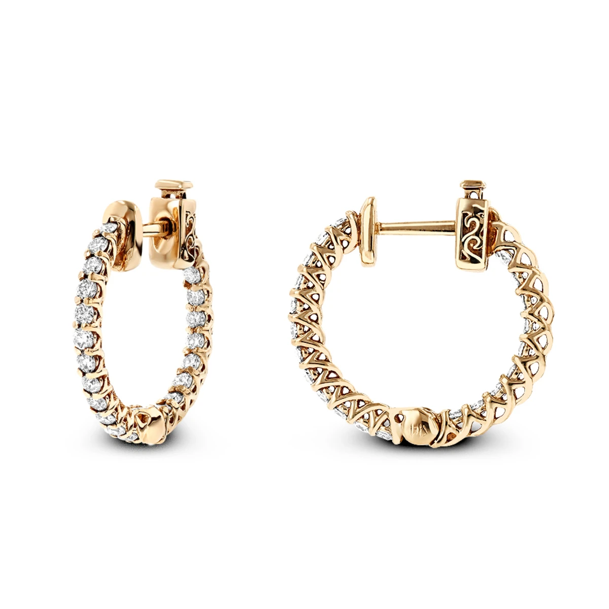 Small 14K Yellow Gold Inside Out Diamond Hoop Earrings 0.9ct 5 Small 14K Yellow Gold Inside Out Diamond Hoop Earrings 0.9ct - Image 3