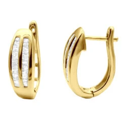 Solid 10K Yellow Gold Baguette Diamond Earrings Hoops 1/2ct