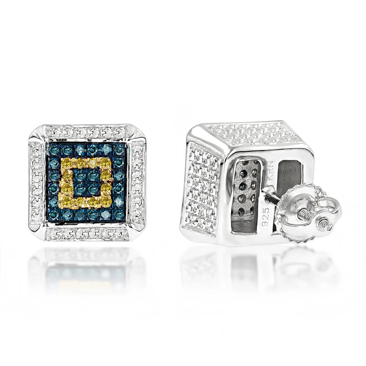 Square Sterling Silver Diamond Earrings Studs 0.35ct Yellow Blue Diamonds 3 Square Sterling Silver Diamond Earrings Studs 0.35ct Yellow Blue Diamonds
