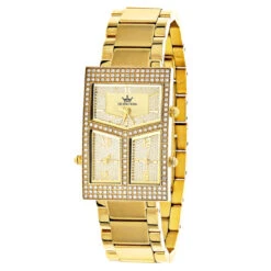 Techno King Diamond Women's Watch 18k Gold Plated 3 Time Zones 1.65ct