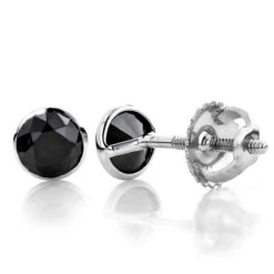 Two Carat 14K White Gold Solitaire Black Round Diamond Bezel Stud Earrings