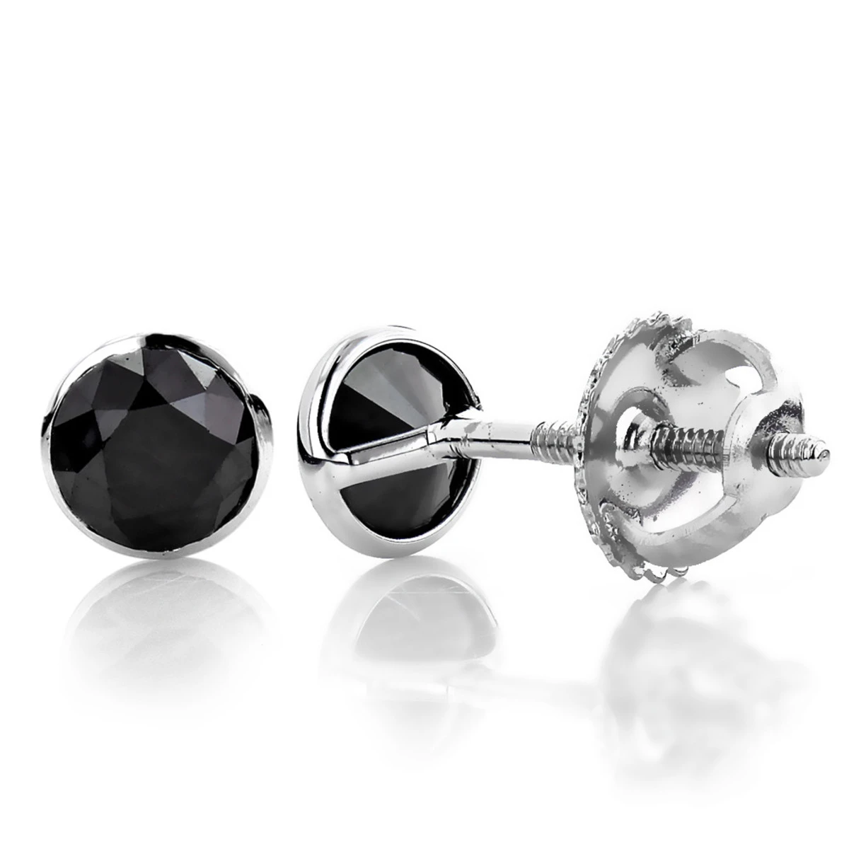 Two Carat 14K White Gold Solitaire Black Round Diamond Bezel Stud Earrings 3 Two Carat 14K White Gold Solitaire Black Round Diamond Bezel Stud Earrings