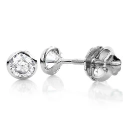 Two Carat 14K White Gold Solitaire Round Diamond Bezel Stud Earrings 6mm