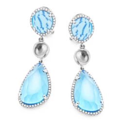 Unique 14K White Gold Blue Topaz Ladies Diamond Drop Earrings 0.64ct