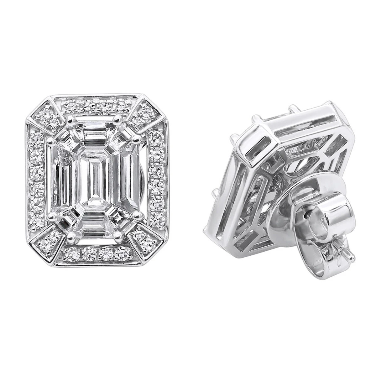 Unique 18K White Gold Emerald Cut Diamond Stud Earrings Halo Design 2.5ct 3 Unique 18K White Gold Emerald Cut Diamond Stud Earrings Halo Design 2.5ct