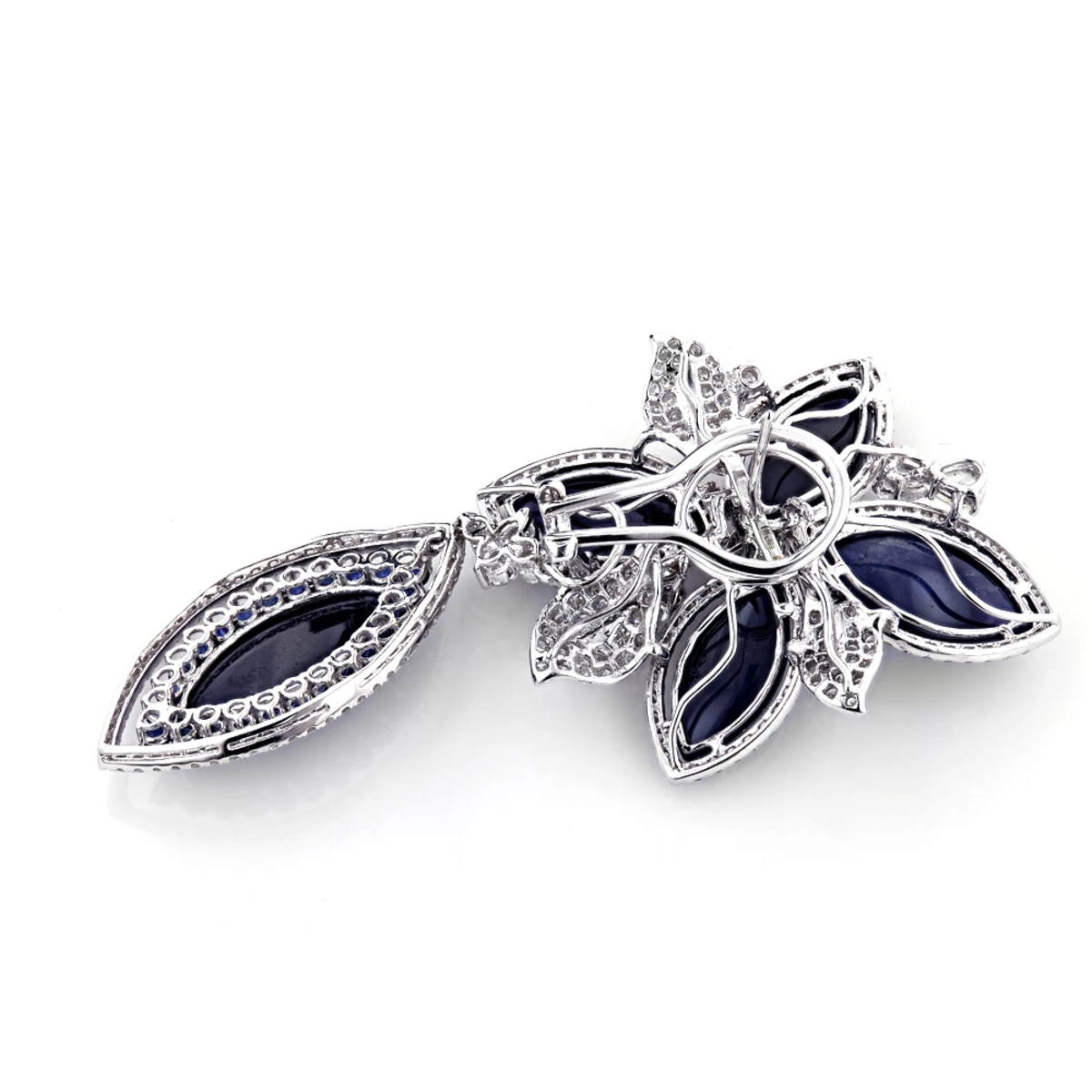 Unique 18K White Gold Ladies Designer Diamond Flower Earrings Blue Sapphires 5 Unique 18K White Gold Ladies Designer Diamond Flower Earrings Blue Sapphires - Image 3