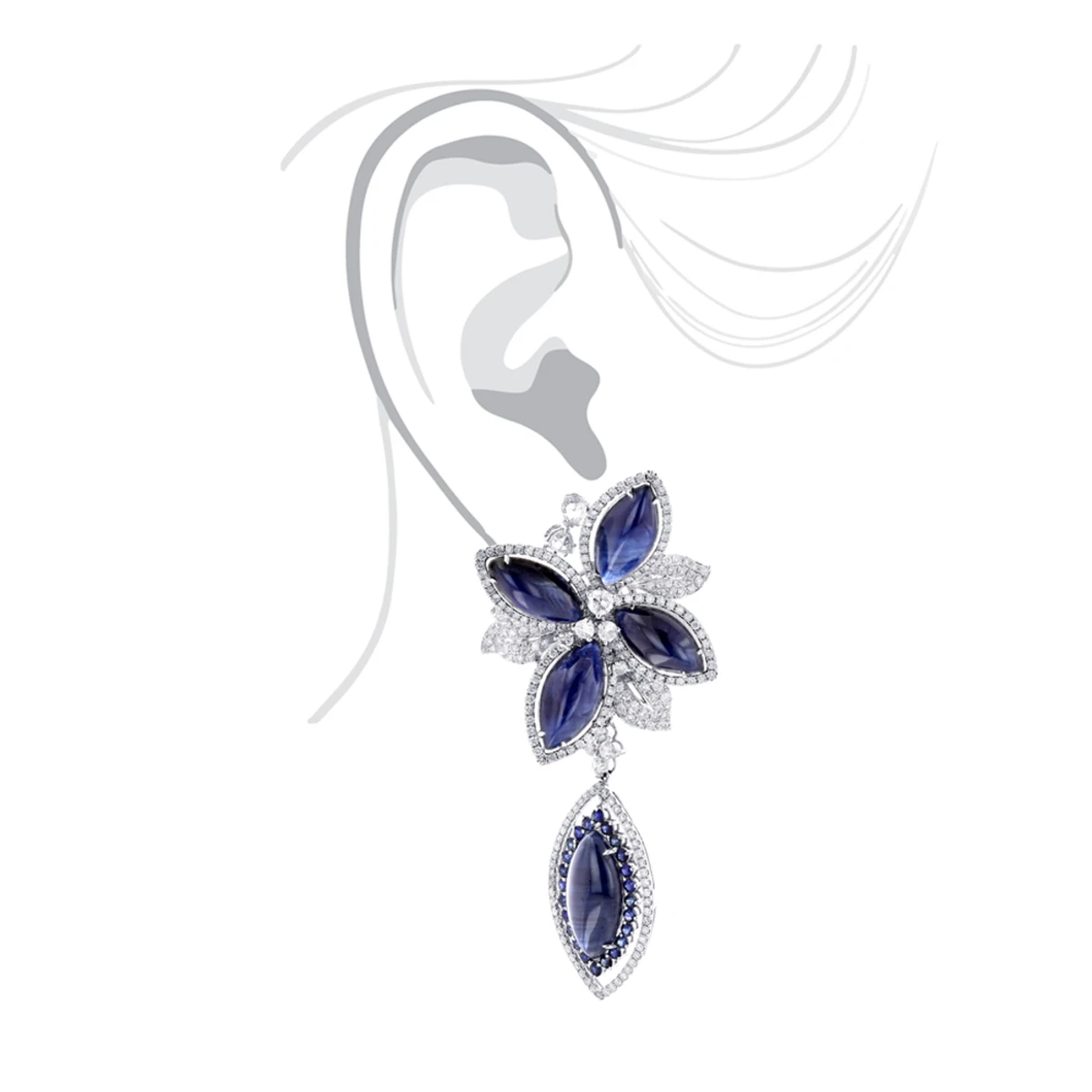 Unique 18K White Gold Ladies Designer Diamond Flower Earrings Blue Sapphires 4 Unique 18K White Gold Ladies Designer Diamond Flower Earrings Blue Sapphires - Image 2