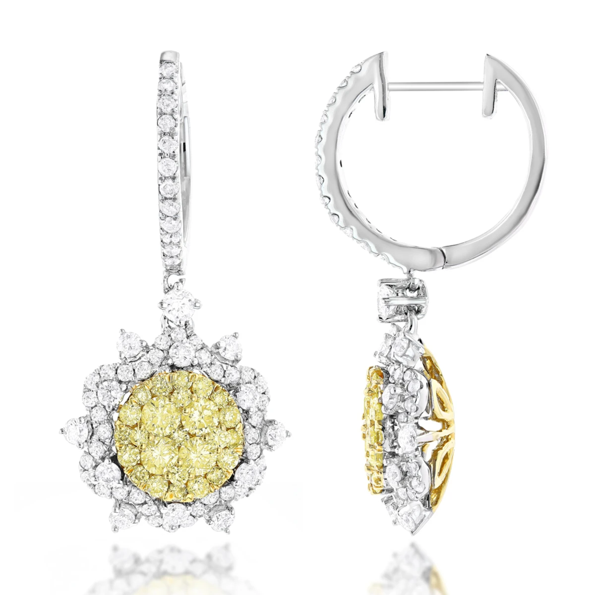 Unique Designer Ladies White Yellow Diamonds Flower Drop Earrings 14K White Gold 3 Unique Designer Ladies White Yellow Diamonds Flower Drop Earrings 14K White Gold