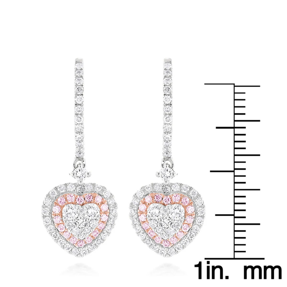 Unique Luxurman Drop Earrings White & Pink Diamond Heart Earrings 14K White Gold 8 Unique Luxurman Drop Earrings White & Pink Diamond Heart Earrings 14K White Gold - Image 6