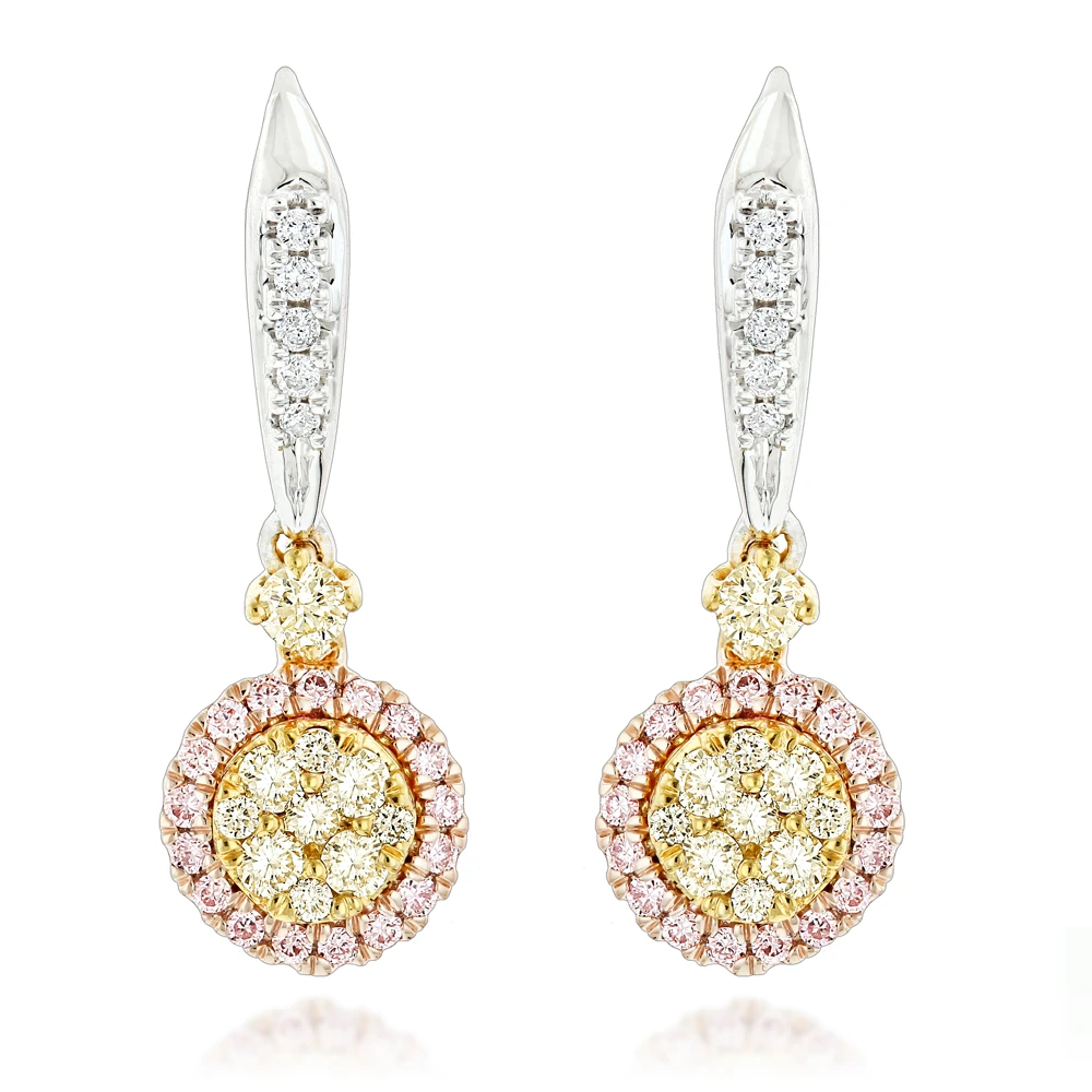 Unique White Yellow Pink Diamond Drop Earrings For Women 1 Carat 14K White Gold 3 Unique White Yellow Pink Diamond Drop Earrings For Women 1 Carat 14K White Gold