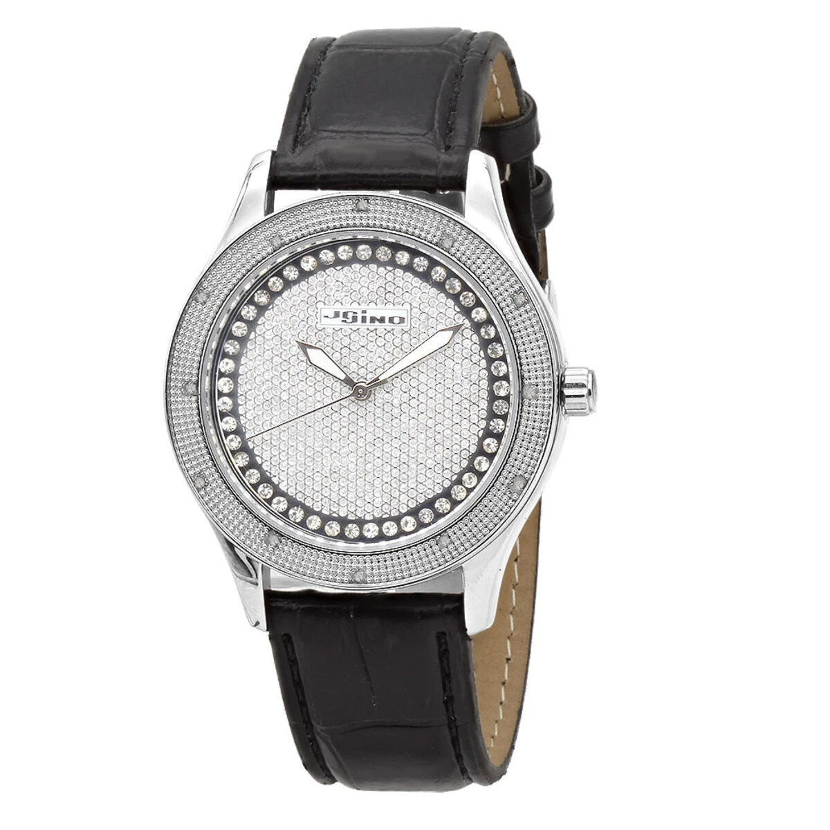 White JoJino Diamond Watch For Women Black Leather Band 0.12ct Iced Out Dial 3 White JoJino Diamond Watch For Women Black Leather Band 0.12ct Iced Out Dial
