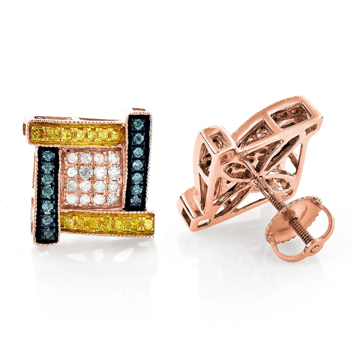 White Yellow Blue Diamond Earrings 0.5ct 10K White Gold 5 White Yellow Blue Diamond Earrings 0.5ct 10K White Gold - Image 3